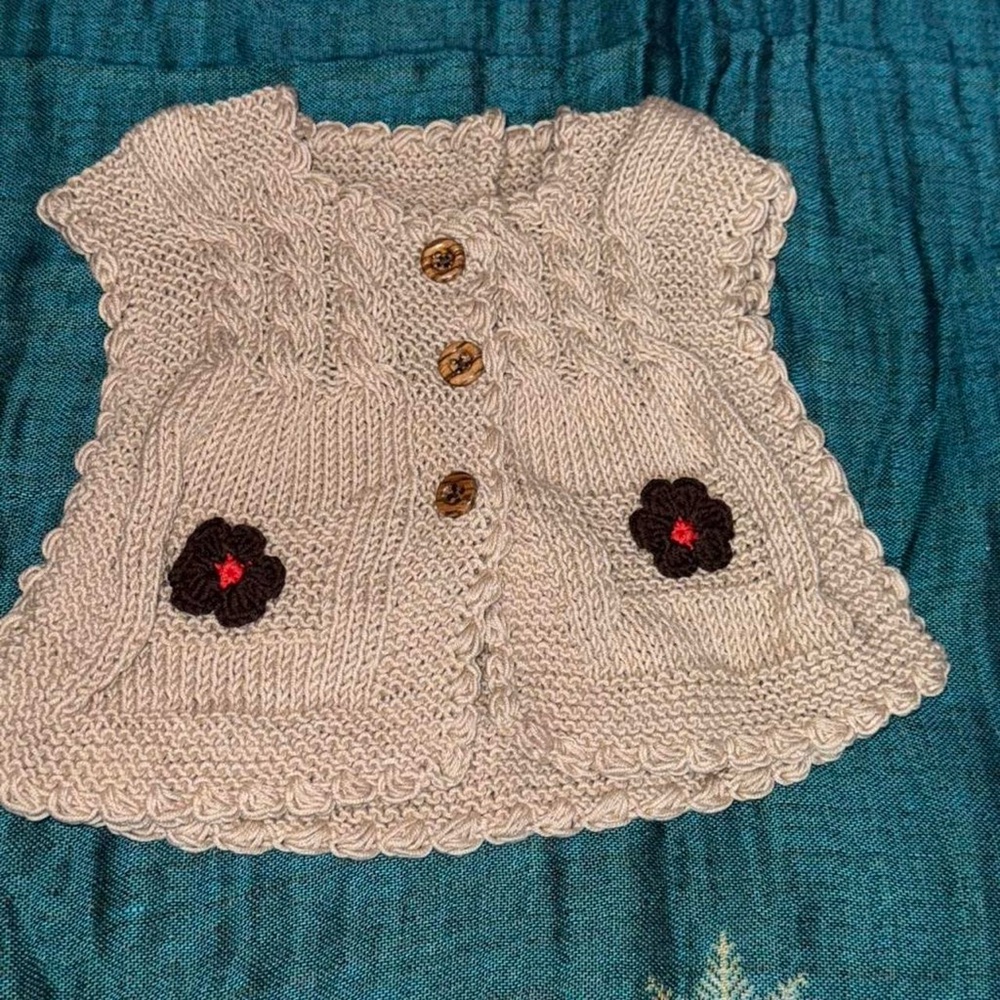 Adorable Handmade  Knit Baby Cardigan with Flower Accents